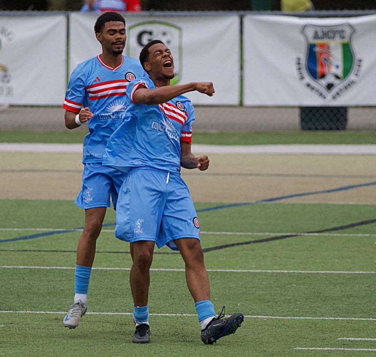 Two ACFC players in blue uniforms celebrating a goal